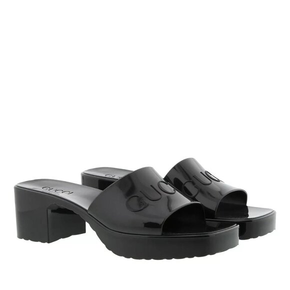 Gucci Logo Embossed Mid-Heel Rubber Sandals Black EU37 624730 - Picture 1 of 11